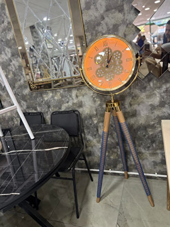 Ledli Tripod Ahşap Ayaklı Dekoratif Saat Döner Çarklı Gold-Meşe
