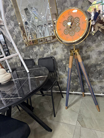 Ledli Tripod Ahşap Ayaklı Dekoratif Saat Döner Çarklı Gold-Meşe