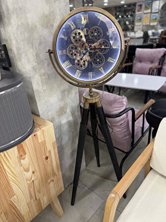 Ledli Tripod Ahşap Ayaklı Dekoratif Saat Döner Çarklı Gold-Siyah