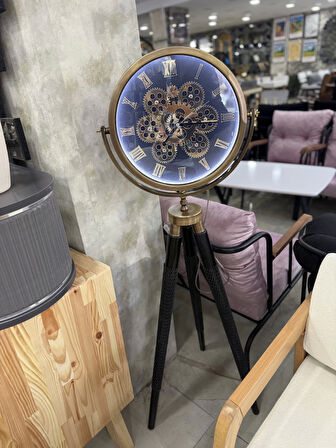 Ledli Tripod Ahşap Ayaklı Dekoratif Saat Döner Çarklı Gold-Siyah