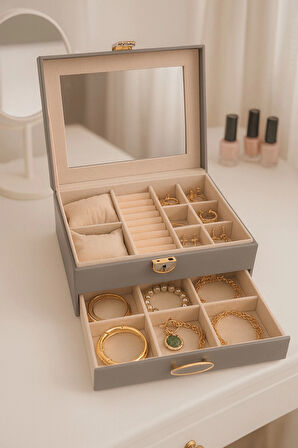 Dışı Deri İçi Kadife Kilitli Çekmeceli Takı Bijuteri Mücevher Kutusu Organizer Düzenleyici Gri İthal Ürün
