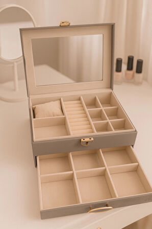 Dışı Deri İçi Kadife Kilitli Çekmeceli Takı Bijuteri Mücevher Kutusu Organizer Düzenleyici Gri İthal Ürün
