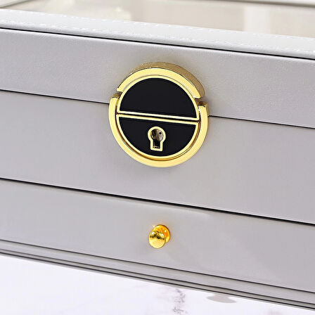 Dışı Deri İçi Kadife Kilitli Çekmeceli Takı Bijuteri Mücevher Kutusu Organizer Düzenleyici Gri İthal Ürün