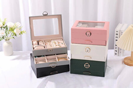 Dışı Deri İçi Kadife Kilitli Çekmeceli Takı Bijuteri Mücevher Kutusu Organizer Düzenleyici Gri İthal Ürün