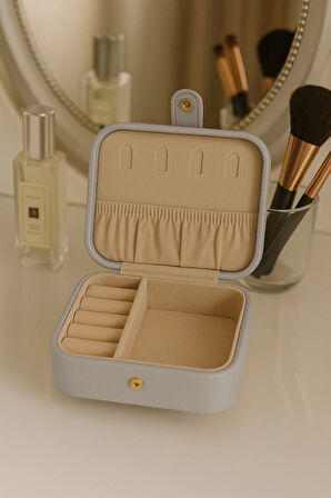 Deri Mini Baklava Desenli Seyahat Takı Bijuteri Mücevher Kutusu Organizer Düzenleyici 11,5cm Gri İthal Ürün