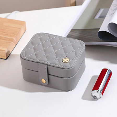 Deri Mini Baklava Desenli Seyahat Takı Bijuteri Mücevher Kutusu Organizer Düzenleyici 11,5cm Gri İthal Ürün