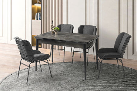 Ortadan Açılır Büyüyen 90x160cm Siyah Mermer Desen Ahşap Salon Yemek Masa Gri Yonca Sandalye Takımı 4 Sandalyeli