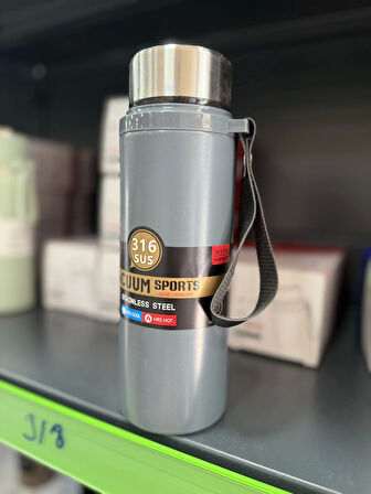Paslanmaz Çelik Termos Su Şişesi 600ml Vakumlu Kapak Gri İthal Ürün