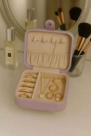 Deri Mini Baklava Desenli Seyahat Takı Bijuteri Mücevher Kutusu Organizer Düzenleyici 11,5cm Lila İthal Ürün