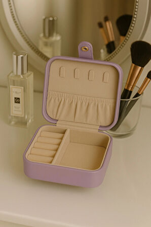 Deri Mini Baklava Desenli Seyahat Takı Bijuteri Mücevher Kutusu Organizer Düzenleyici 11,5cm Lila İthal Ürün