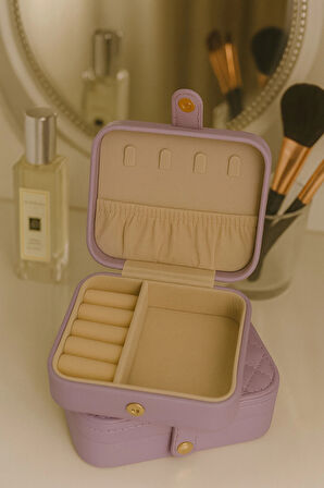 Deri Mini Baklava Desenli Seyahat Takı Bijuteri Mücevher Kutusu Organizer Düzenleyici 11,5cm Lila İthal Ürün