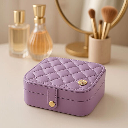 Deri Mini Baklava Desenli Seyahat Takı Bijuteri Mücevher Kutusu Organizer Düzenleyici 11,5cm Lila İthal Ürün