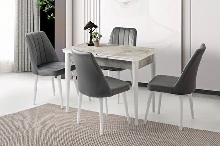 Kelebek Rambla Ahşap Salon Yemek Masa Sandalye Takımı Sude 4 Sandalyeli Ortadan Açılır Büyüyen 90x160cm Mermer Desen
