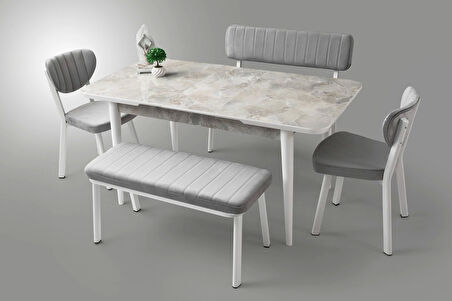 Kelebek Rambla Ahşap Salon Yemek Masa Sandalye Takımı Sude 4 Sandalyeli Ortadan Açılır Büyüyen 90x160cm Mermer Desen
