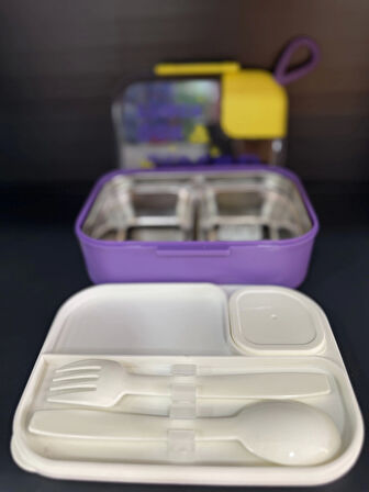 2 Bölmeli Paslanmaz Çelik Sızdırmaz Çatal ve Kaşıklı Saklama Kabı Beslenme Kabı 750 ML Mor İthal Ürün