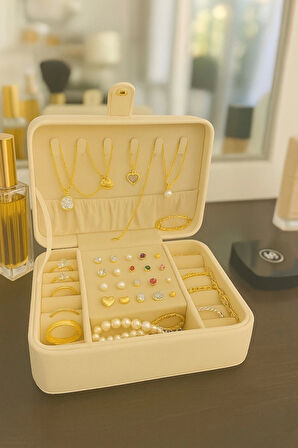 Deri Baklava Desenli Seyahat Takı Bijuteri Mücevher Kutusu Organizer Düzenleyici 16cm Krem İthal Ürün
