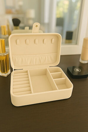 Deri Baklava Desenli Seyahat Takı Bijuteri Mücevher Kutusu Organizer Düzenleyici 16cm Krem İthal Ürün