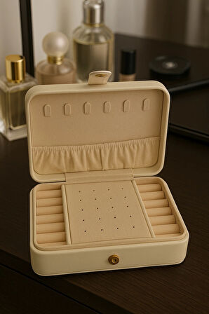 Deri Baklava Desenli Seyahat Takı Bijuteri Mücevher Kutusu Organizer Düzenleyici 16cm Krem İthal Ürün