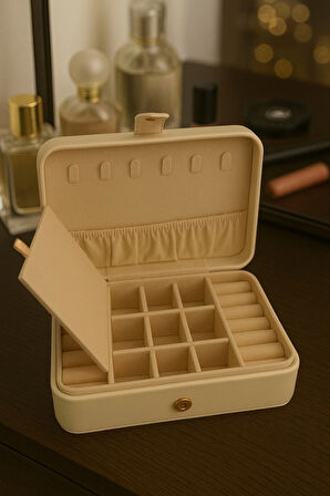 Deri Baklava Desenli Seyahat Takı Bijuteri Mücevher Kutusu Organizer Düzenleyici 16cm Krem İthal Ürün