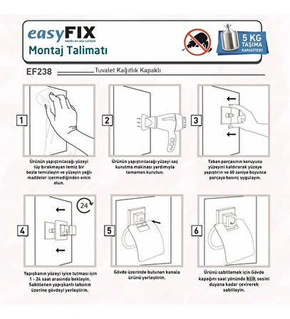 Tuvalet Kağıdı Askısı Kapaklı Yapışkanlı EasyFix Siyah
