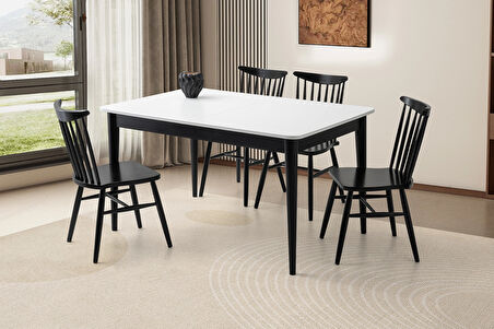 Fidan Beyaz Ahşap Salon Yemek Masa Sandalye Takımı 4 Diva Sandalyeli Ortadan Açılır Büyüyen 90x140cm