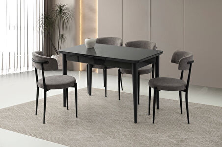Kelebek Hg Ortadan Açılır Büyüyen 90x160cm Koyu Gri Ahşap Salon Yemek Masa Gri Sandalye Takımı 4 Sandalyeli