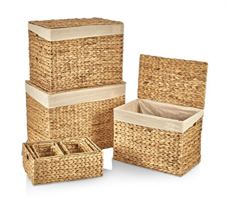 Dekoratif Naturel Yatay Dikdörtgen Düzenleyici Hasır Sepet 7 li
