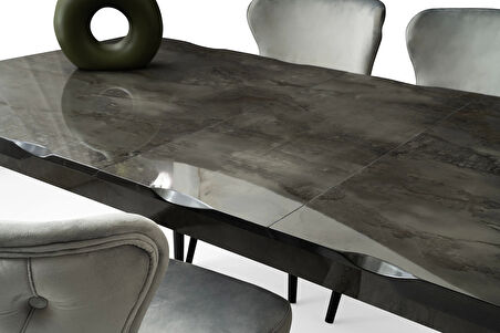Ortadan Açılır Büyüyen 90x160cm Mermer Desenli Ahşap Salon Yemek Masa Gri Sandalye Takımı 4 Sandalyeli