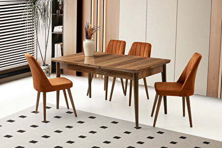 Kelebek Hazar Ahşap Salon Yemek Masa Sandalye Takımı 4 Sandalyeli Ortadan Açılır Büyüyen 90x160cm Ceviz