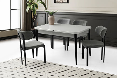 Ortadan Açılır Büyüyen 70x120cm Gri Ahşap Salon Yemek Masa Sandalye Takımı 4 Pelin Sandalyeli