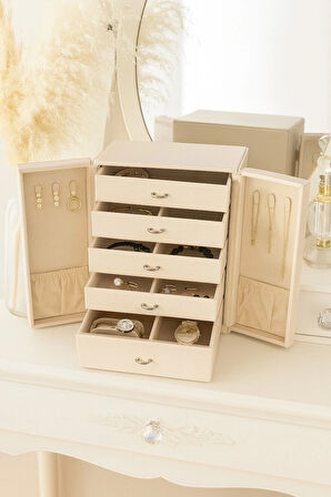 Dışı Deri İçi Kadife 5 Çekmeceli Takı Bijuteri Mücevher Kutusu Organizer Düzenleyici Krem İthal Ürün