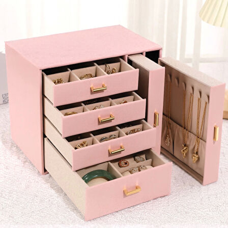Dışı Deri İçi Kadife 6 Çekmeceli Takı Bijuteri Mücevher Kutusu Organizer Düzenleyici Pembe İthal Ürün