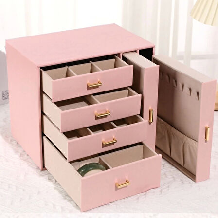 Dışı Deri İçi Kadife 6 Çekmeceli Takı Bijuteri Mücevher Kutusu Organizer Düzenleyici Pembe İthal Ürün