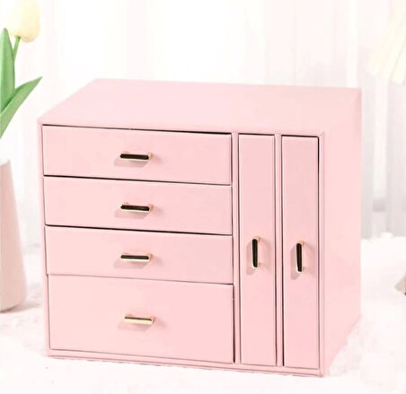 Dışı Deri İçi Kadife 6 Çekmeceli Takı Bijuteri Mücevher Kutusu Organizer Düzenleyici Pembe İthal Ürün