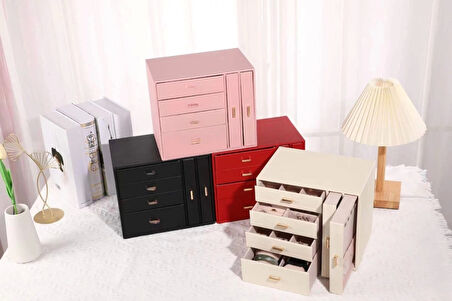 Dışı Deri İçi Kadife 6 Çekmeceli Takı Bijuteri Mücevher Kutusu Organizer Düzenleyici Pembe İthal Ürün