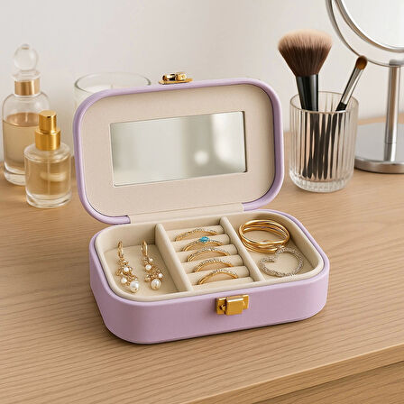 Deri Mini Seyahat Takı Bijuteri Mücevher Kutusu Organizer Düzenleyici 15cm Lila İthal Ürün