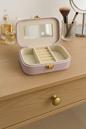 Deri Mini Seyahat Takı Bijuteri Mücevher Kutusu Organizer Düzenleyici 15cm Lila İthal Ürün