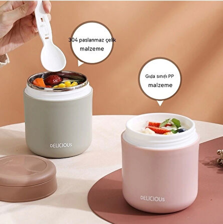 Paslanmaz Çelik Sızdırmaz Kaşıklı Saklama Kabı Beslenme Kabı 430 ML Pembe İthal Ürün