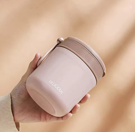 Paslanmaz Çelik Sızdırmaz Kaşıklı Saklama Kabı Beslenme Kabı 430 ML Pembe İthal Ürün