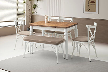 Ahşap Salon Yemek Masa Sandalye Takımı 1 Bench 4 Sandalyeli Yandan Açılır Büyüyen Meşe 70x110cm