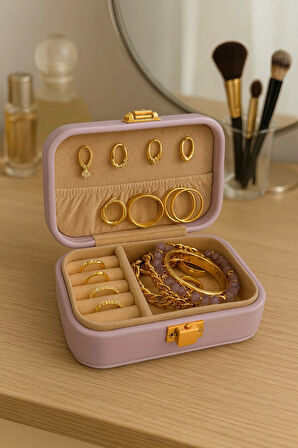 Deri Midi Seyahat Takı Bijuteri Mücevher Kutusu Organizer Düzenleyici 12cm Lila İthal Ürün