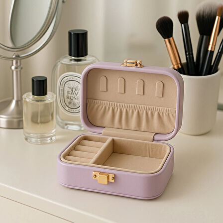 Deri Midi Seyahat Takı Bijuteri Mücevher Kutusu Organizer Düzenleyici 12cm Lila İthal Ürün