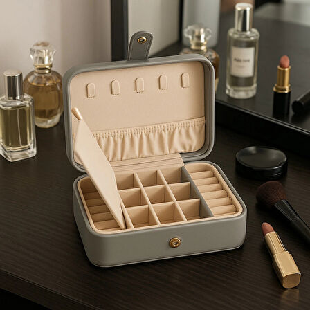 Deri Baklava Desenli Seyahat Takı Bijuteri Mücevher Kutusu Organizer Düzenleyici 16cm Gri İthal Ürün