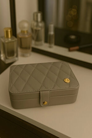 Deri Baklava Desenli Seyahat Takı Bijuteri Mücevher Kutusu Organizer Düzenleyici 16cm Gri İthal Ürün