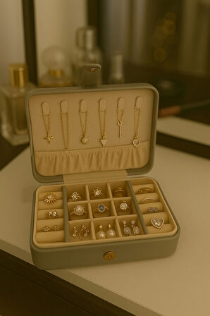 Deri Baklava Desenli Seyahat Takı Bijuteri Mücevher Kutusu Organizer Düzenleyici 16cm Gri İthal Ürün