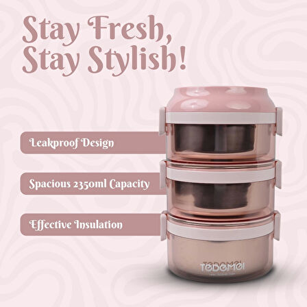 3 Katlı Paslanmaz Çelik Sızdırmaz Saklama Kabı Beslenme Kabı 2,35 Lt. Pembe İthal Ürün