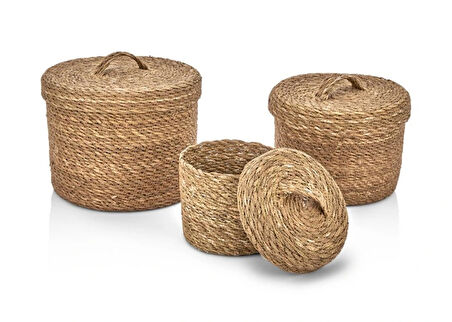 Dekoratif Kutu Natural Yuvarlak Düzenleyici Hasır Sepet 3 lü Set CL-14026