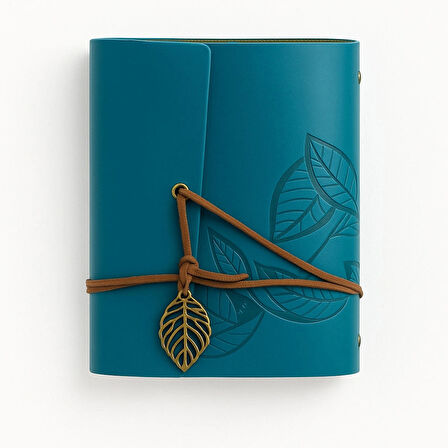 Yaprak Baskılı Deri Kapaklı Özel Tasarım Hediyelik Deri Kaplı Ajanda Anı Defteri Not Defteri Mavi