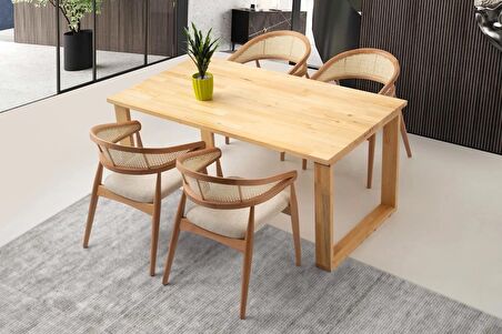 Ahşap Sabit Yemek Masası Natural 135x80cm- 4 Adet Hasır Sırtlı Sandalye Takımı