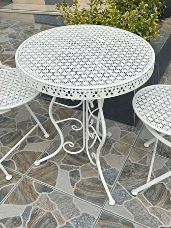 Ferforje Katlanır Masa Balkon Masası, Bahçe Masası Çap 60cm Beyaz